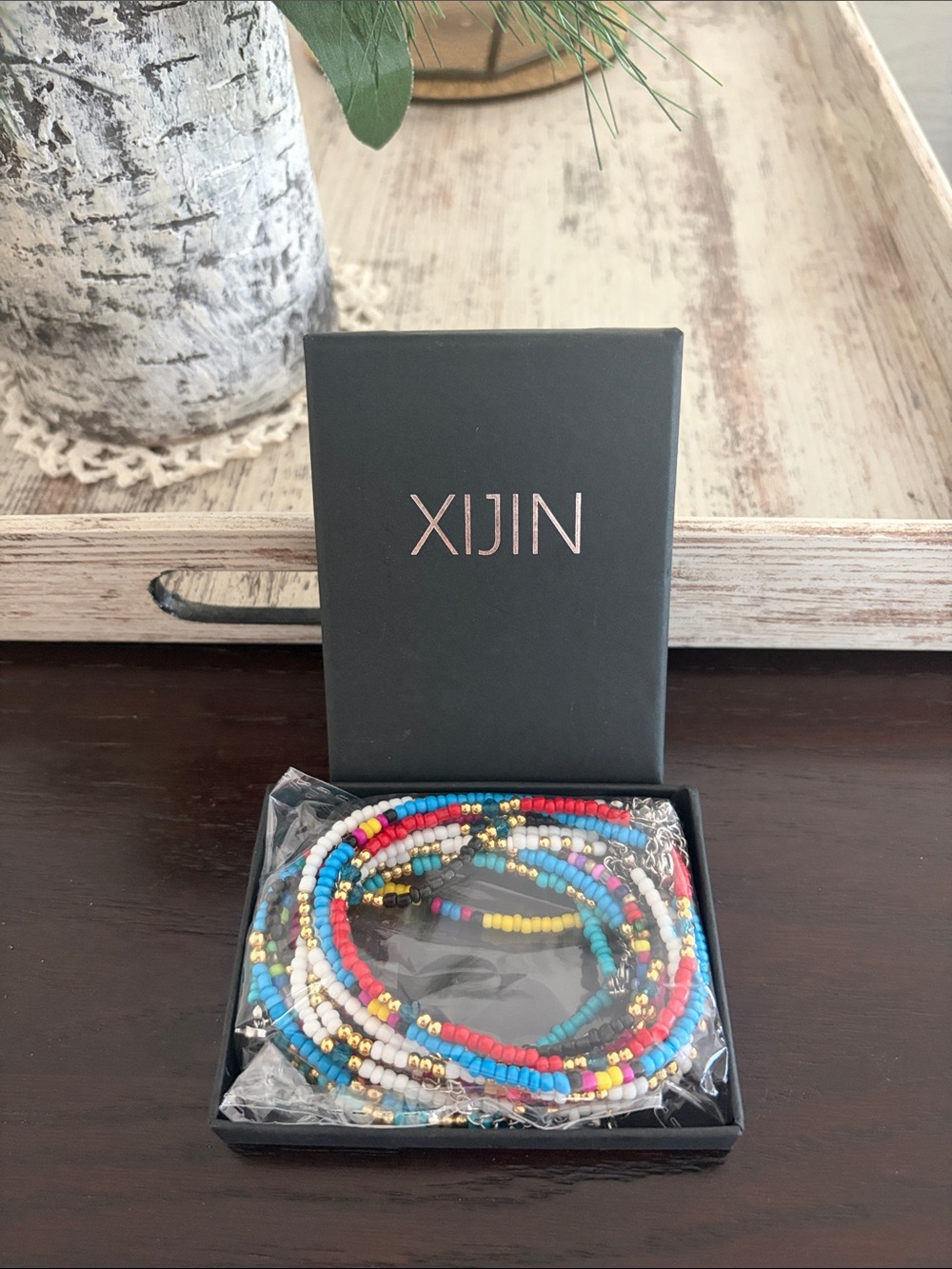 NIB XIJIN Multicolor Handmade Beaded Anklet Set - Colorful Boho Beads, Set of 12